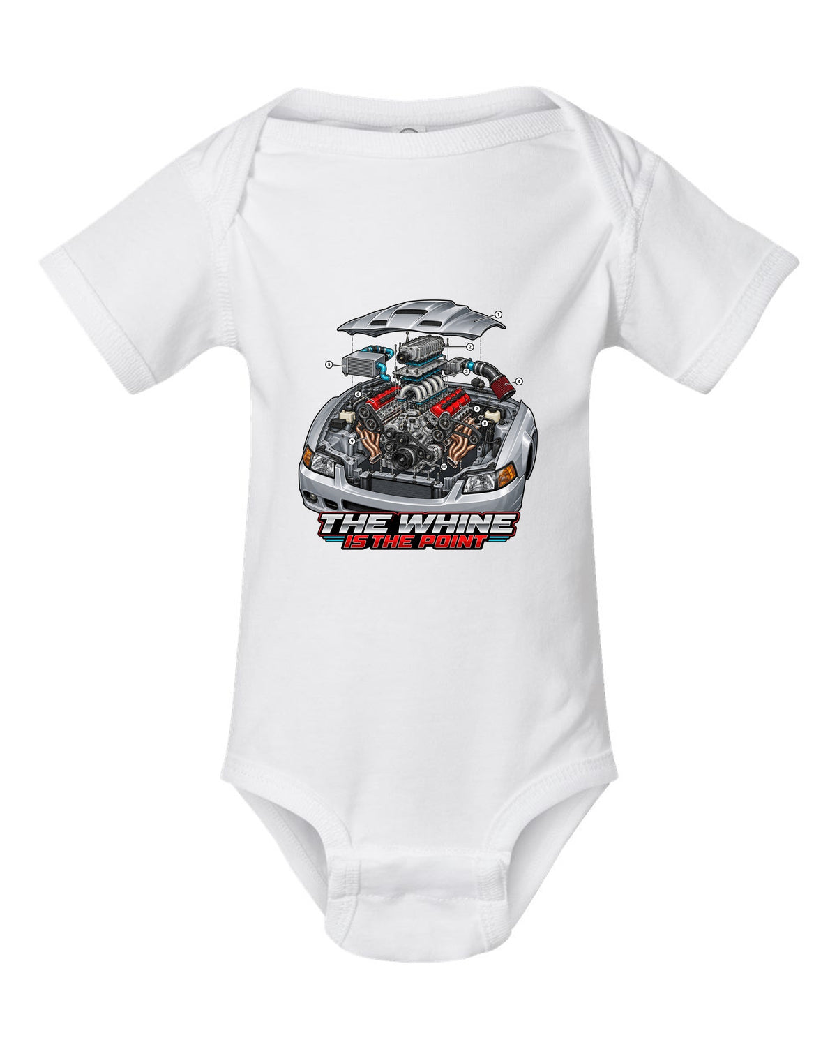 Exploded engine cutaway print of a supercharged Ford Mustang SN95 Terminator-spec white baby onesie front view with the design