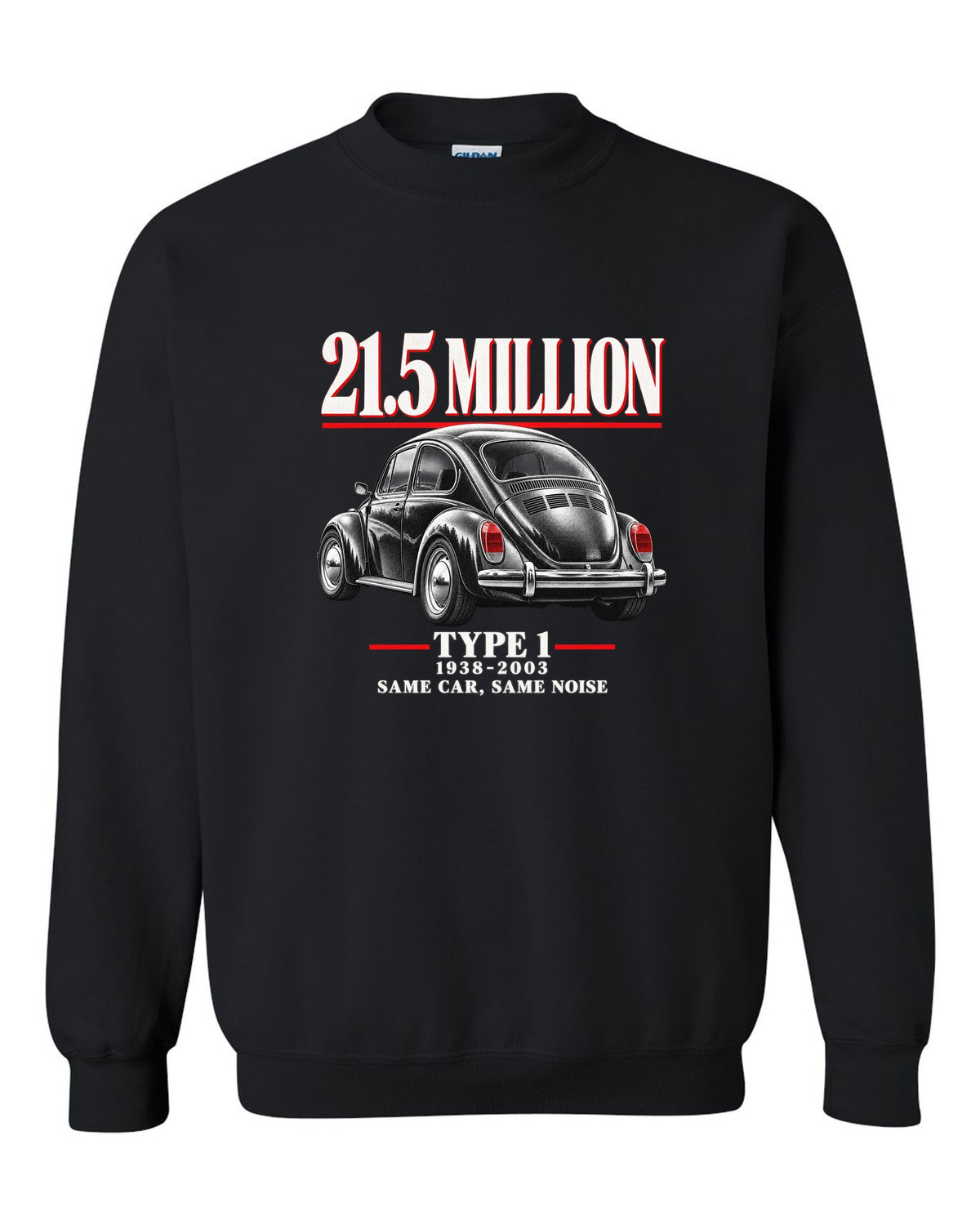 Editorial print of a VW Beetle Type 1 1303 Super Beetle three-quarter rear black crewneck front view with the design
