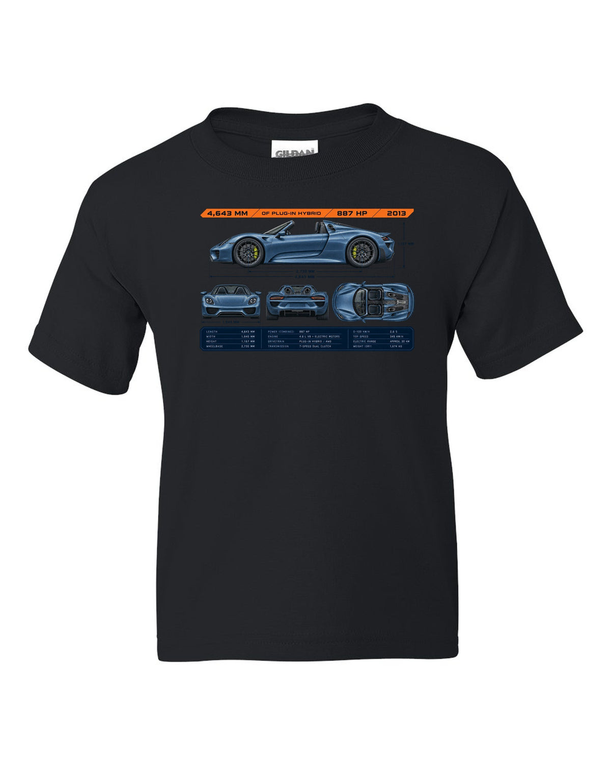 Porsche 918 Spyder dimension blueprint print design black kids tee front view with the design