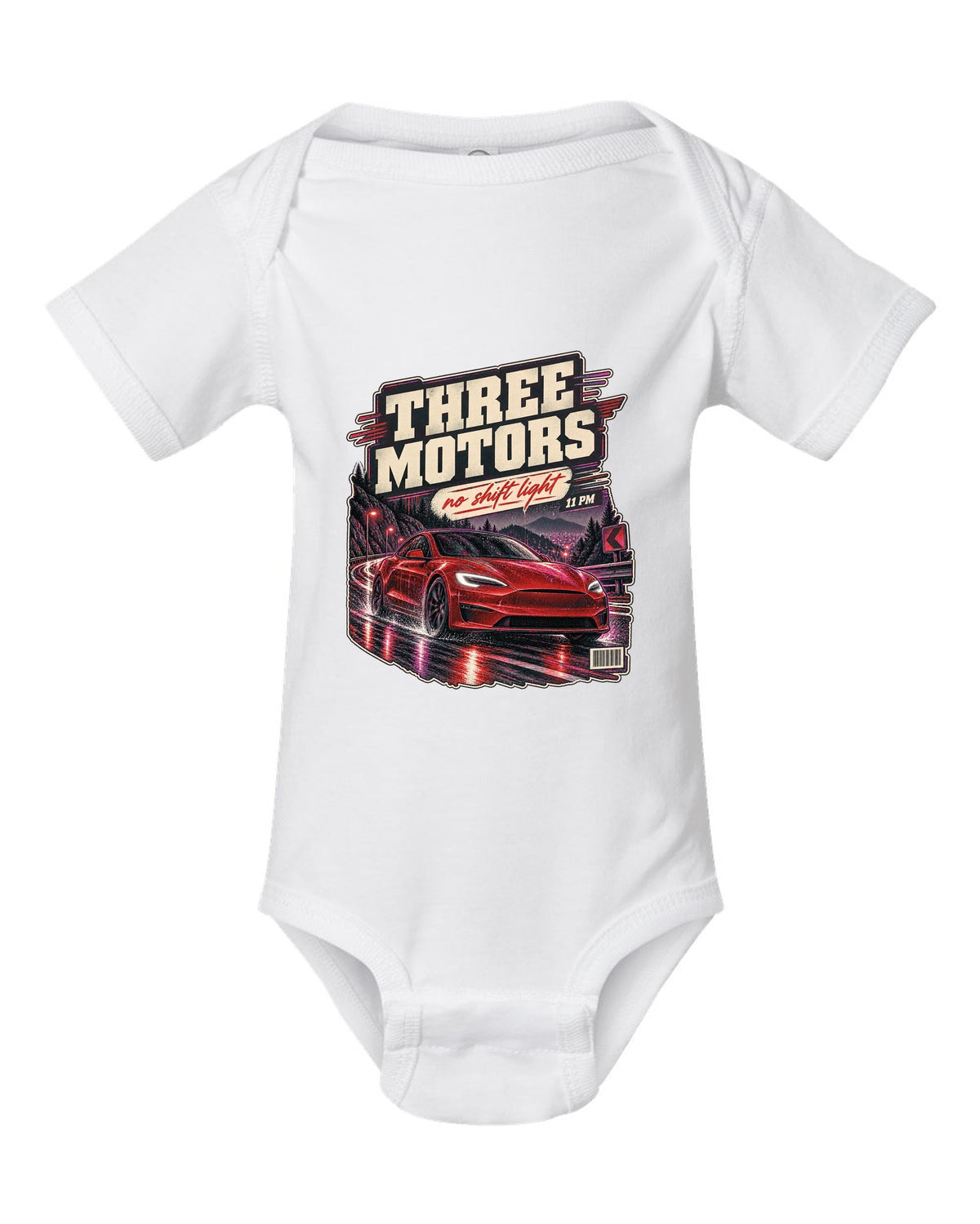 Night street print of a Tesla Model S Plaid on a wet road white baby onesie front view with the design