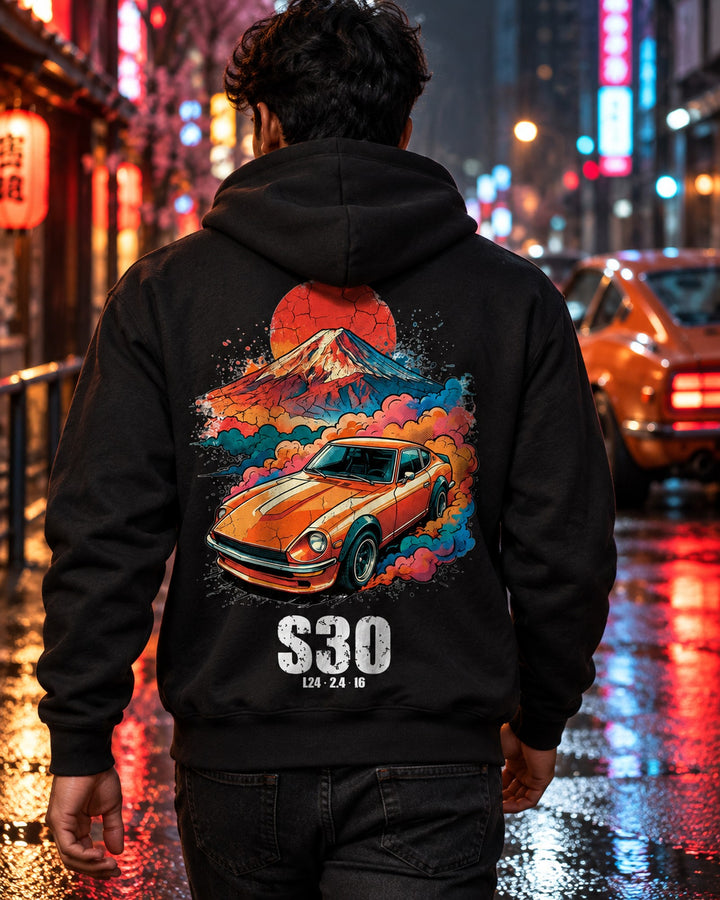 Datsun 240Z Sunrise Pull Over Hoodie & Zip Hoodie Zip Hoodie Black worn hero