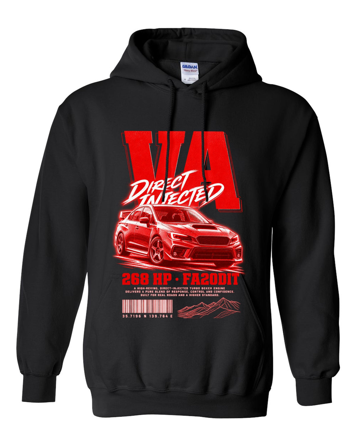 Street poster print for the Subaru WRX VA reading Direct Injected, 268 HP, FA20DIT black pull over hoodie front view with the design