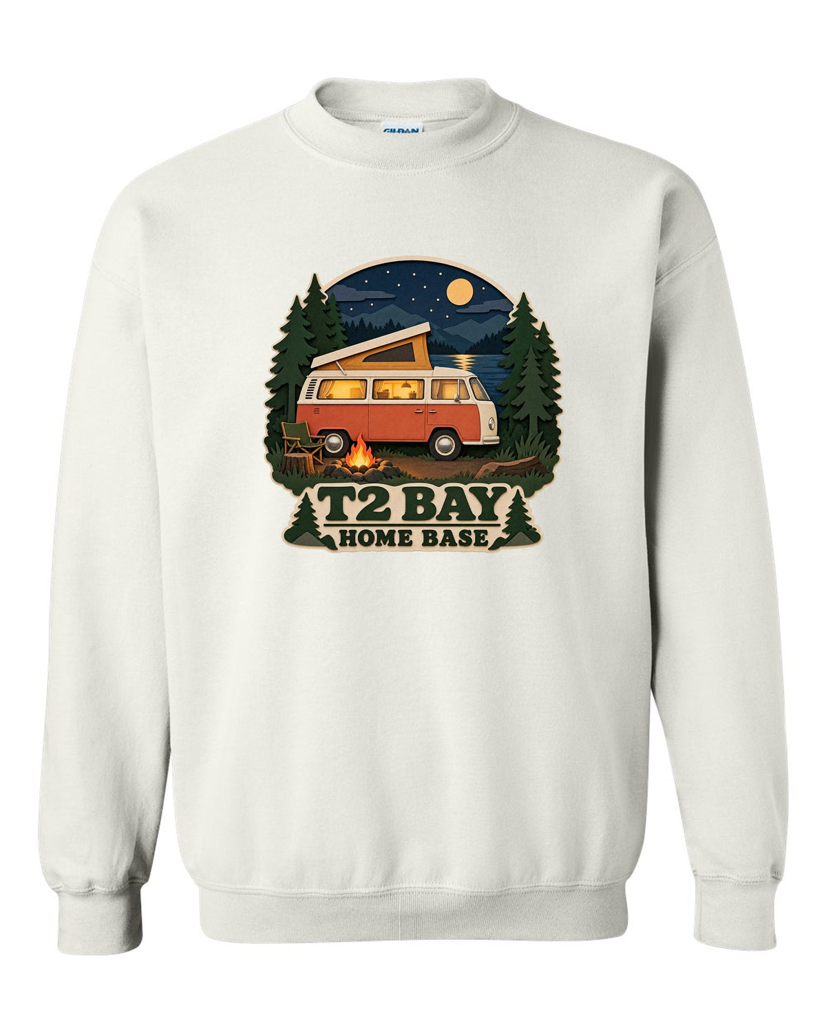 Layered paper-cutout shadow box print of a VW Bus T2 bay-window at a night camp white crewneck front view with the design