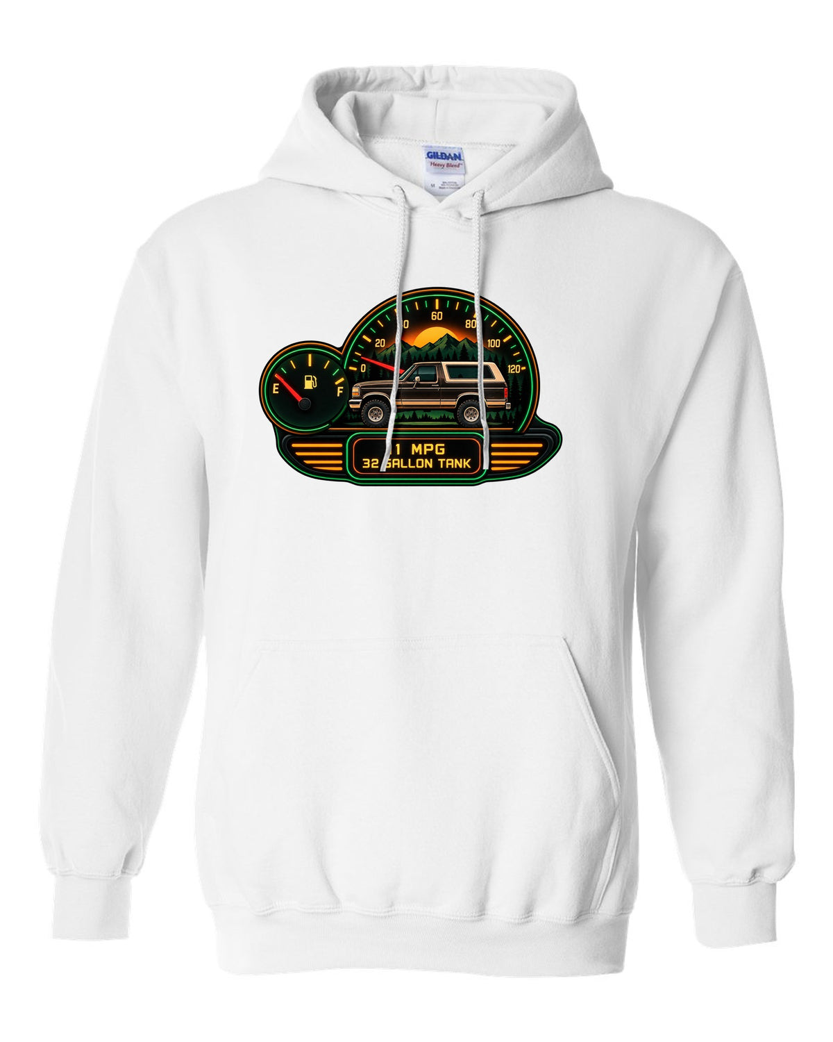 Gauge-cluster HUD style art of a 1987-91 Ford Bronco Brick-Nose dash with 11 MPG 32 GALLON TANK readouts white pull over hoodie front view with the design