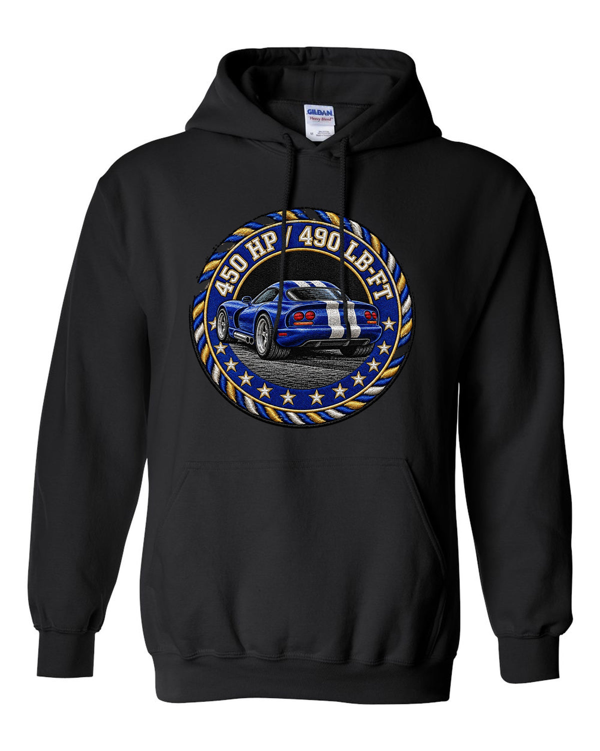 Blue embroidered varsity crest design for a 1996 Dodge Viper GTS SR II black pull over hoodie front view with the design