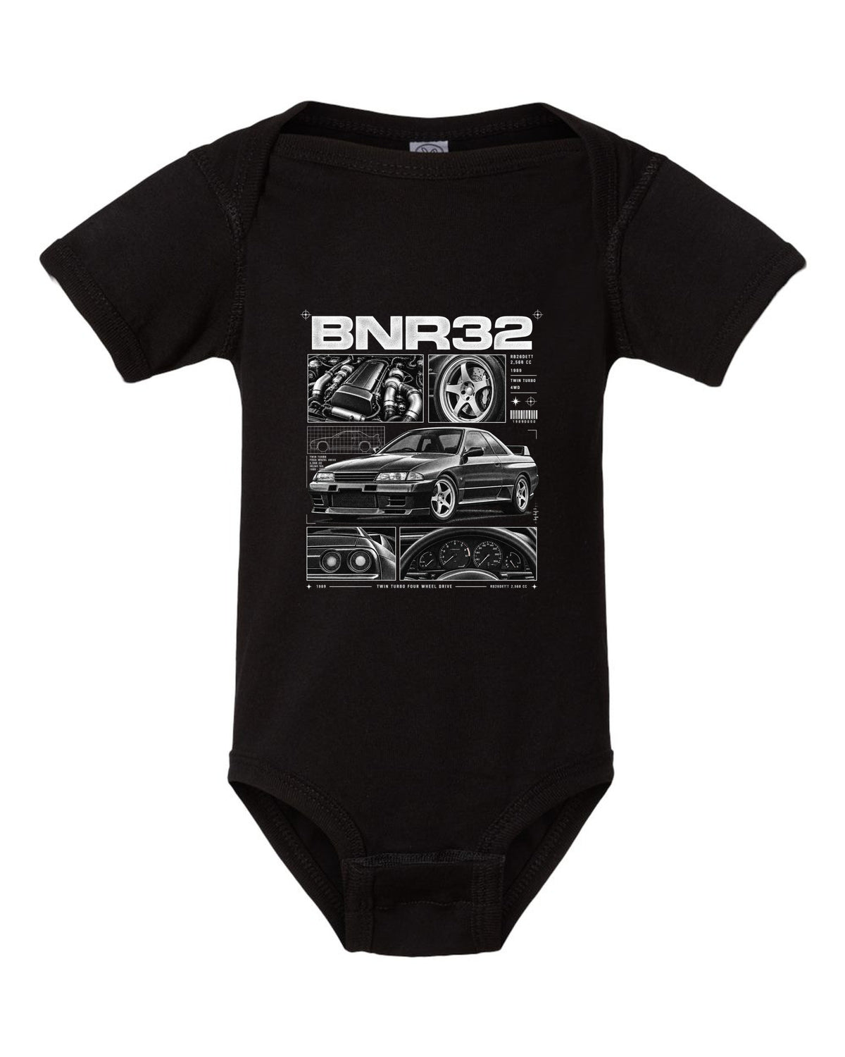 Dossier panel print of a Nissan Skyline GT-R R32 BNR32 with RB26DETT specs black baby onesie front view with the design