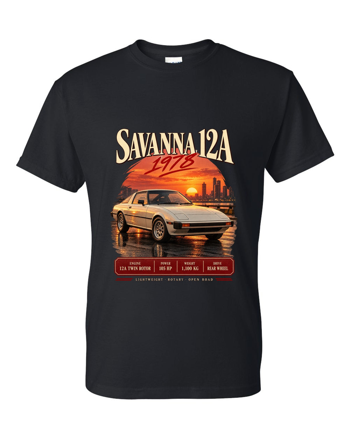 Archive panel print for the Mazda RX-7 SA22C 1978-85 with Savanna 12A and 1,100 kg details black t-shirt front view with the design