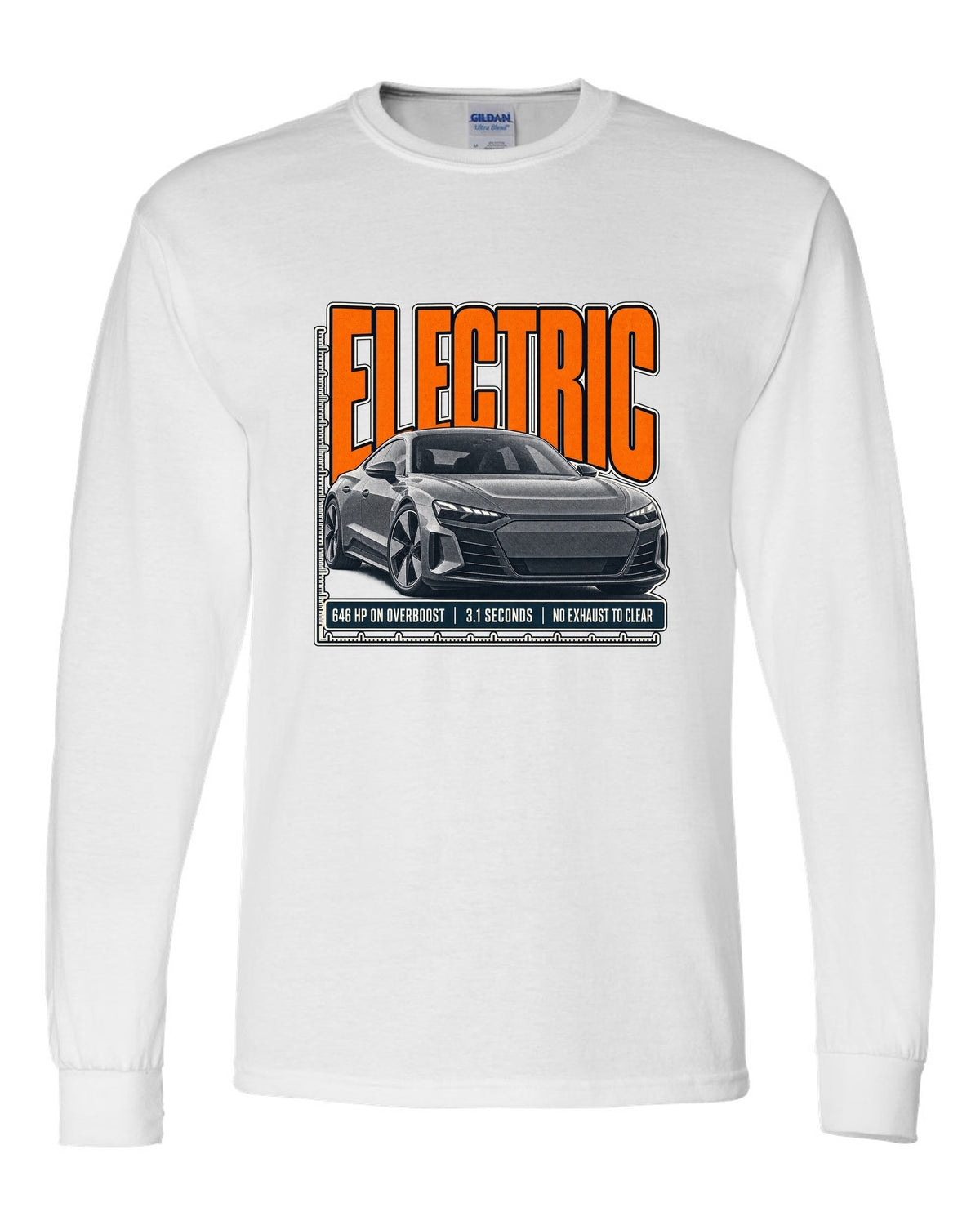 Audi RS e-tron GT low front three-quarter halftone statement print design white long sleeve front view with the design