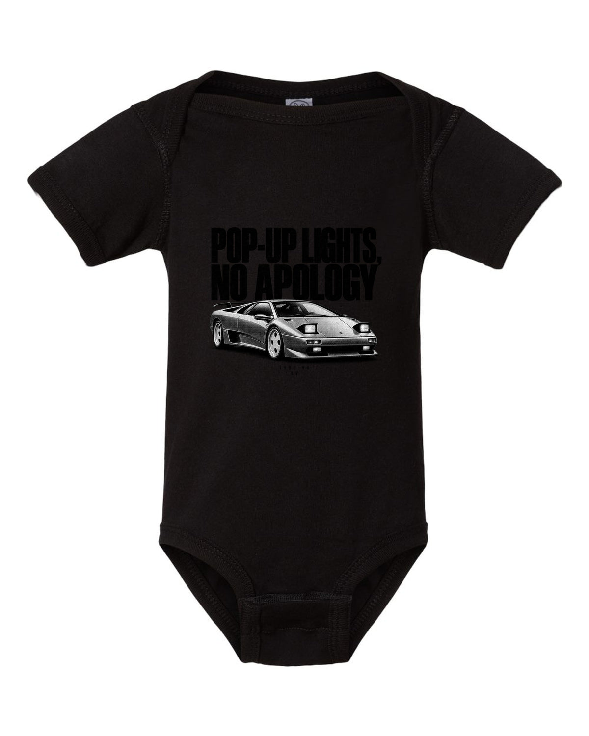 Halftone print of a Lamborghini Diablo SV with pop-up lights no apology text black baby onesie front view with the design