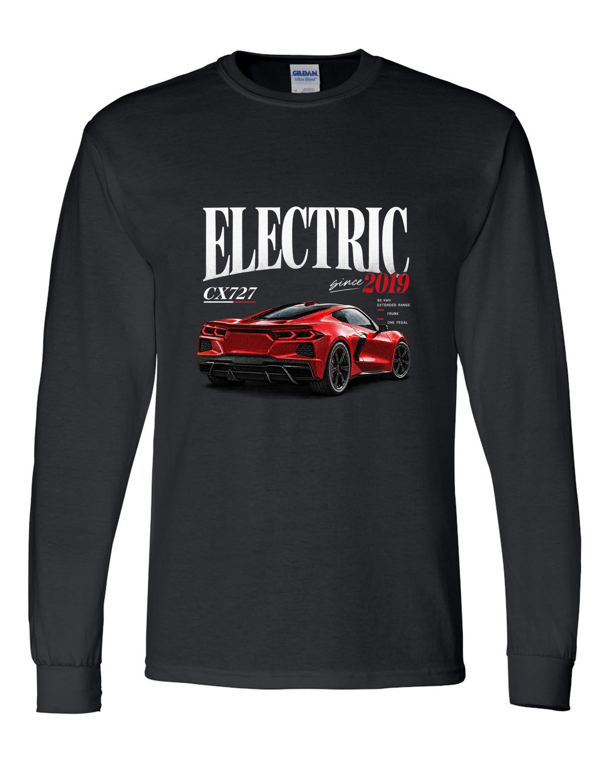 Ford Mustang Mach-E CX727 editorial headline print reading Electric Since 2019 black long sleeve front view with the design