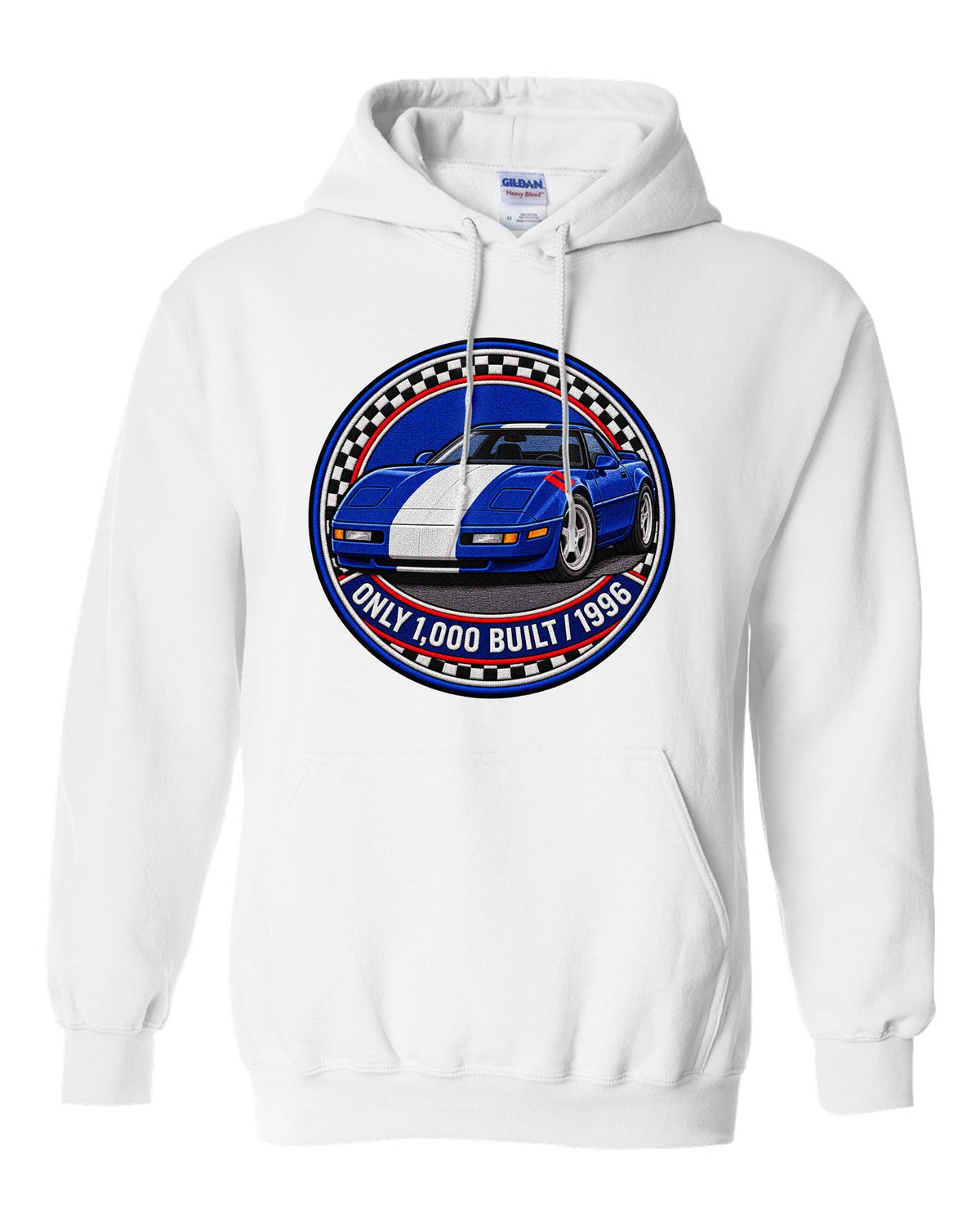 Embroidery style varsity crest print of a 1996 Chevrolet Corvette C4 Grand Sport with Only 1,000 Built text white pull over hoodie front view with the design
