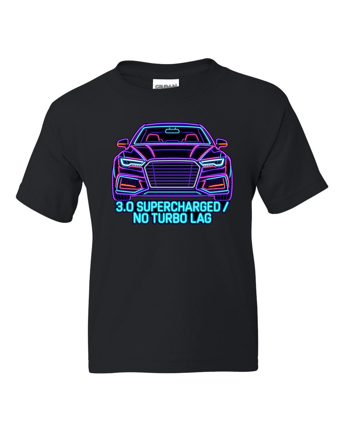 Neon sign line art print of an Audi S4 B8 with 3.0 Supercharged text black kids tee front view with the design