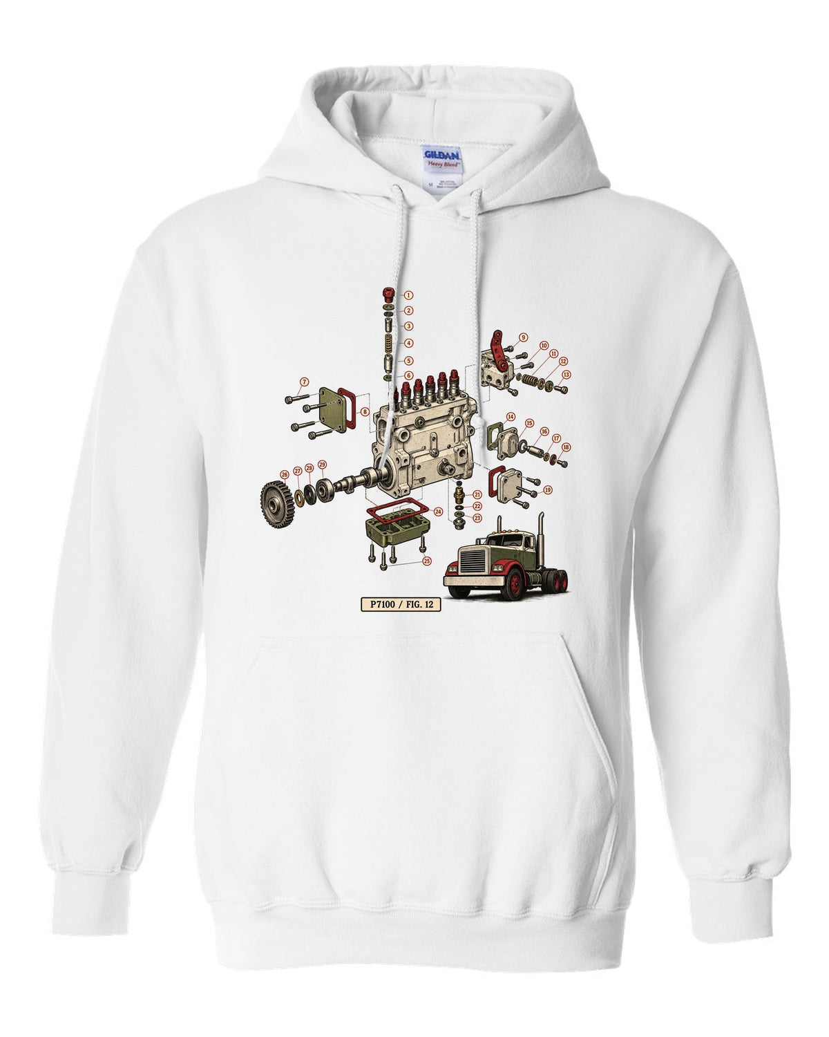 Vintage service-manual exploded diagram print of a Bosch P7100 injection pump from a 1994-1998 Ram 12V white pull over hoodie front view with the design