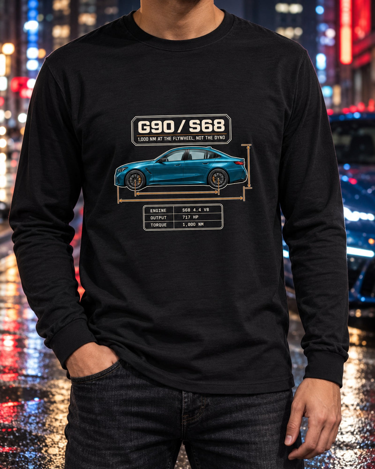 BMW G90 M5 S68 Blueprint Profile Shirt, Car Guy Tee Long Sleeve Black worn hero