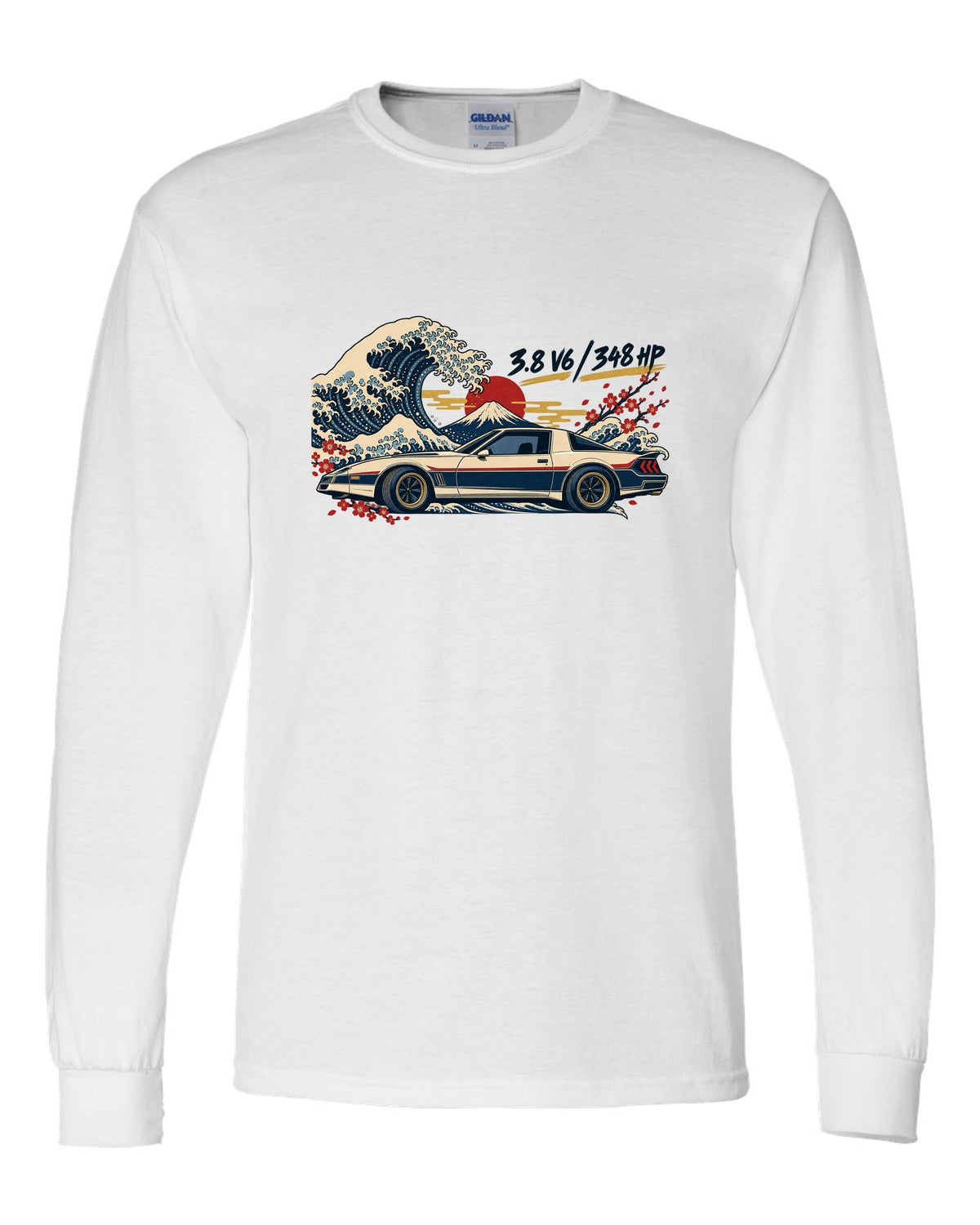 Ukiyo-e woodblock print of a Hyundai Genesis Coupe BK2 with 3.8 V6 348 HP text white long sleeve front view with the design