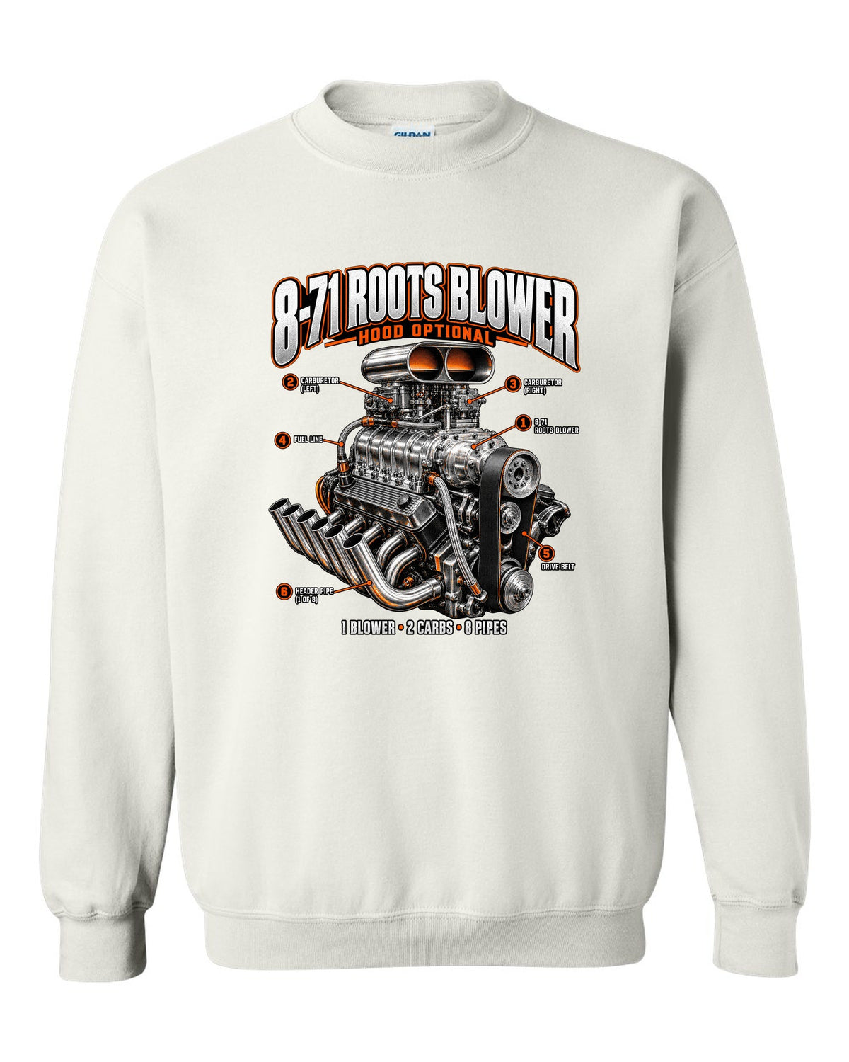 Engine callout print of a blown small-block V8 with 8-71 Roots blower white crewneck front view with the design
