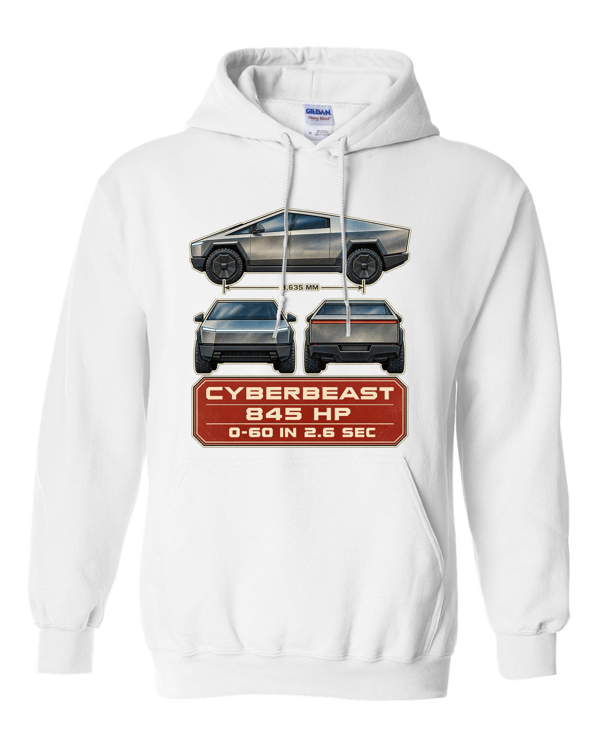 Three-view and spec table print of a Tesla Cybertruck Cyberbeast white pull over hoodie front view with the design