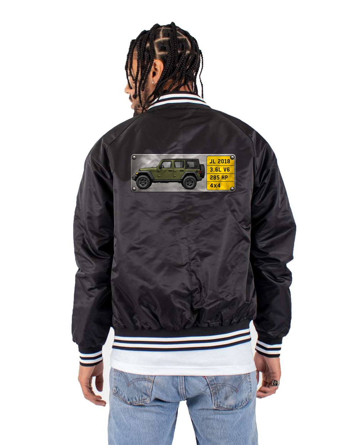Jeep Wrangler JL Unlimited 3.6L V6 285 HP Spec Plate Tee Bomber Jacket Black back
