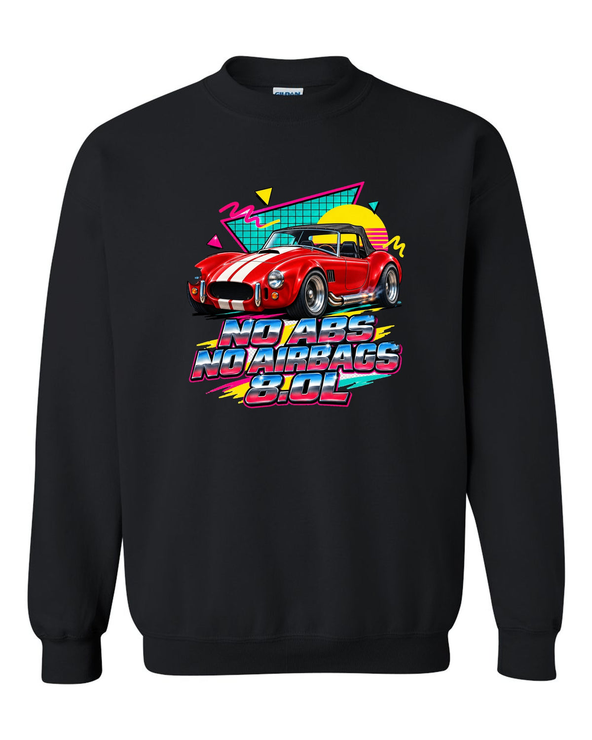 Airbrushed 90s Memphis grid print of a 1992 Dodge Viper RT/10 with no ABS text black crewneck front view with the design