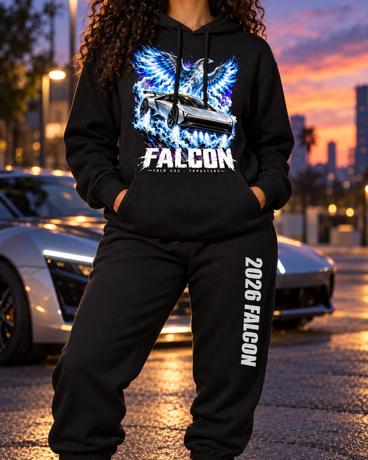 Icon Tesla Roadster 2026 Falcon Anime Girl Hoodie + Jogger Set Black worn hero