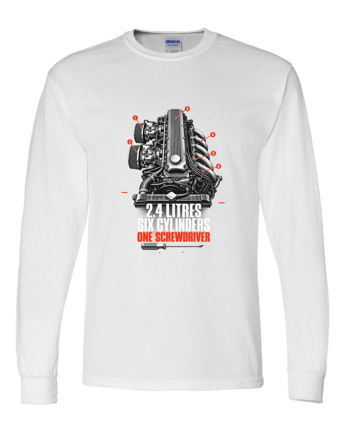 print of a Datsun 240Z L24 engine bay with six cylinders and screwdriver lettering white long sleeve front view with the design