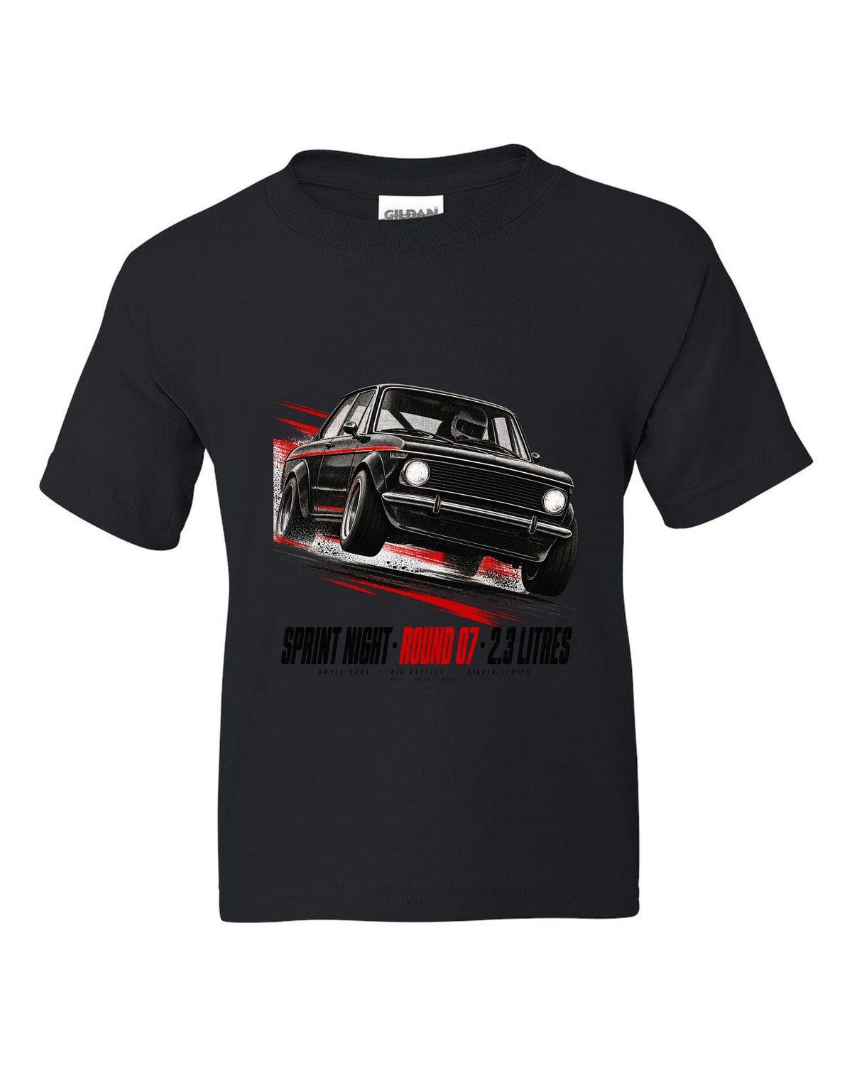 BMW E30 M3 race poster print titled Sprint Night Round 07 with 2.3 litres text black kids tee front view with the design