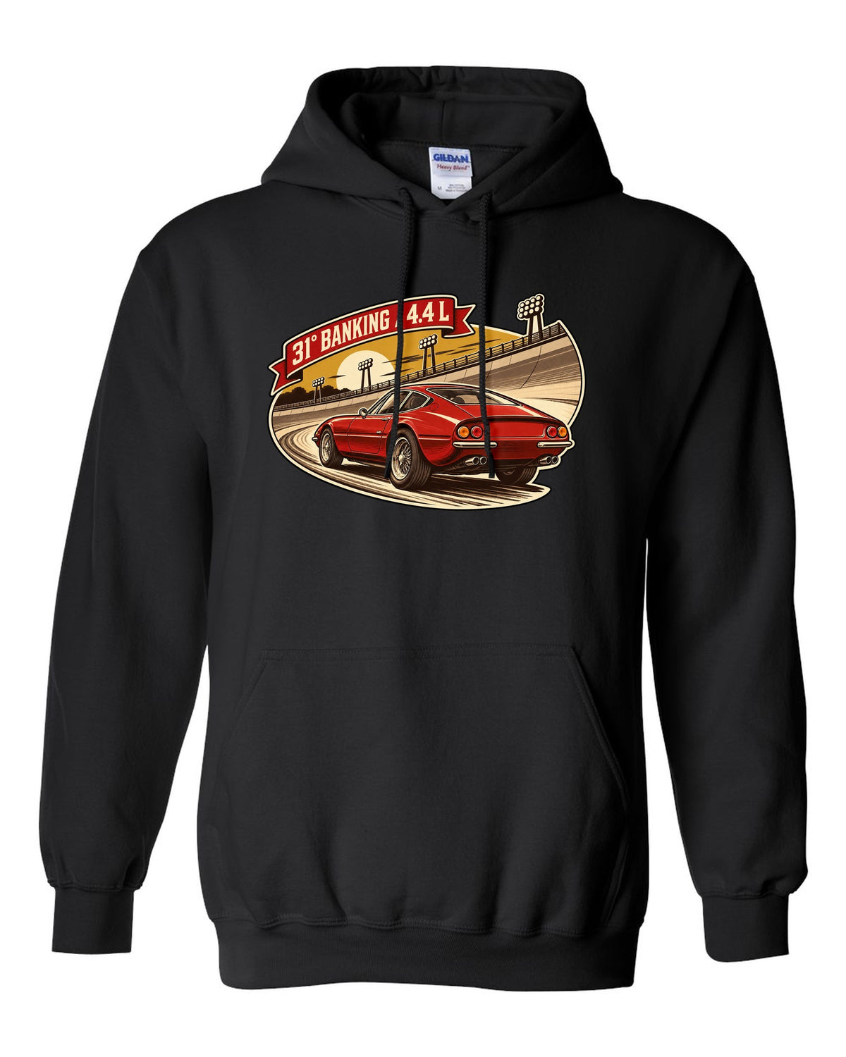 Sepia retro race-programme illustration of three Ferrari 365 GTB/4 Daytonas on banking black pull over hoodie front view with the design