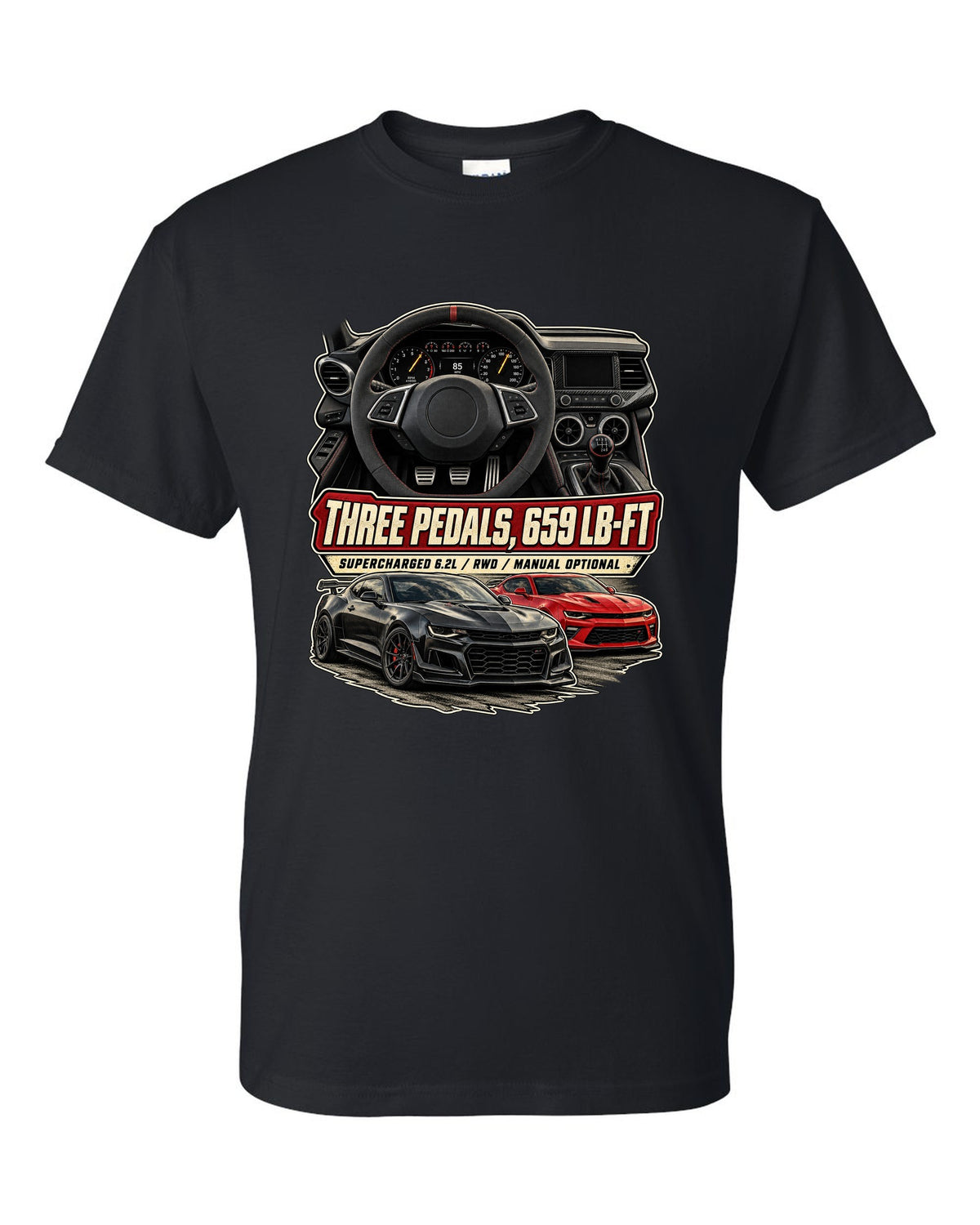 Gauge cockpit print of a 2022-25 Cadillac CT5-V Blackwing interior black t-shirt front view with the design