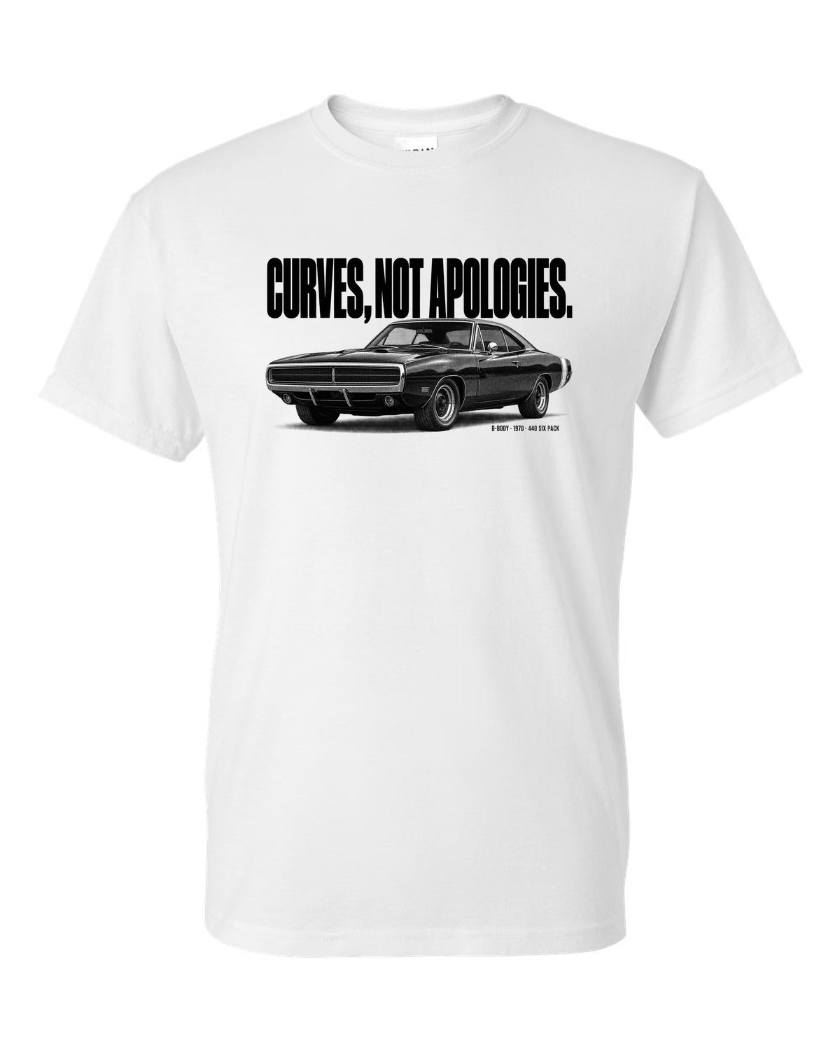 Halftone statement print of a 1970 Dodge Charger R/T with curves not apologies text white t-shirt front view with the design