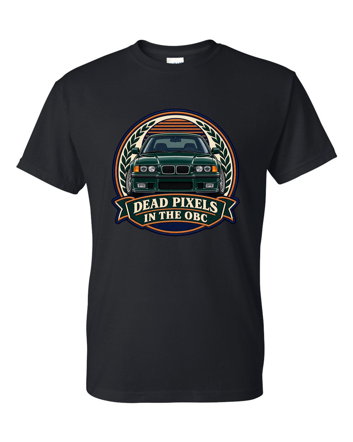 Varsity crest style print of a BMW E36 M3 coupe with dead pixels in the OBC text black t-shirt front view with the design