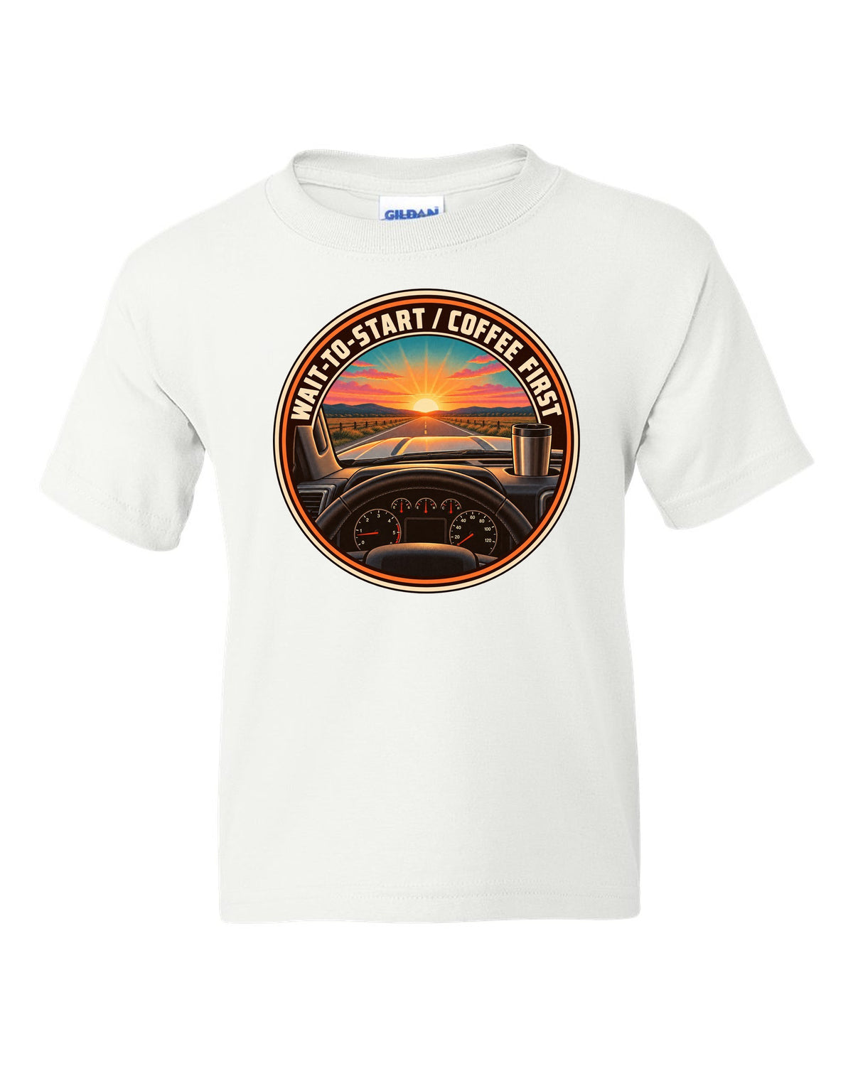 Retro sunset crest print for a 2010-2018 Ram 2500 6.7 Cummins with wait-to-start coffee first text white kids tee front view with the design