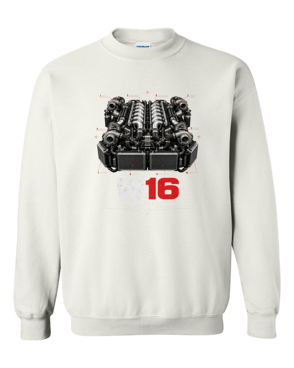 Bugatti Veyron 16.4 W16 engine poster with ten radiators white crewneck front view with the design