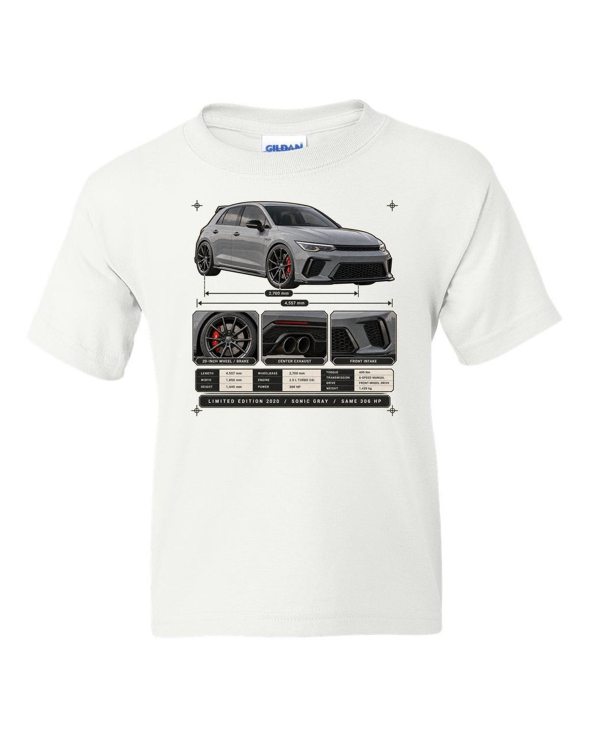 Dossier panel print of a Sonic Gray Pearl Honda Civic Type R FK8 Limited Edition white kids tee front view with the design