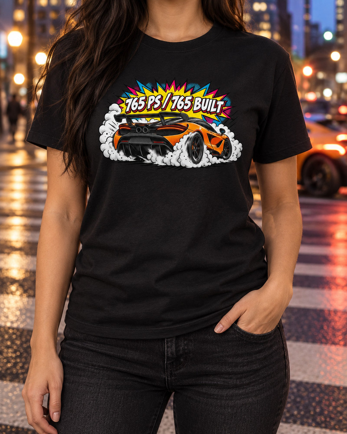 McLaren 765LT Comic Pop Art Burnout Tee, 765 Built T-Shirt Black worn hero
