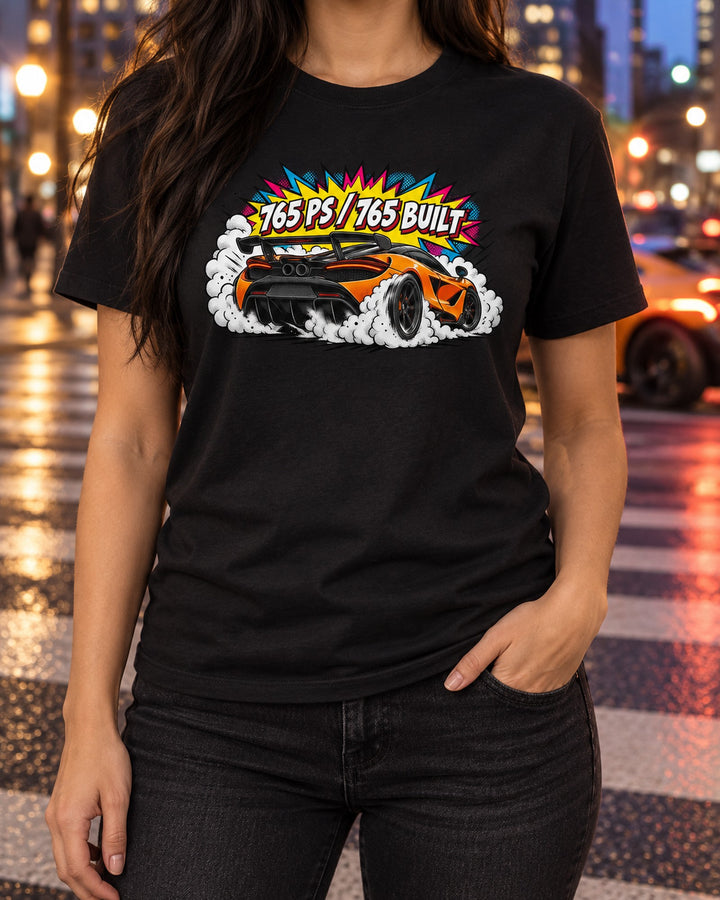 McLaren 765LT Comic Pop Art Burnout Tee, 765 Built T-Shirt Black worn hero