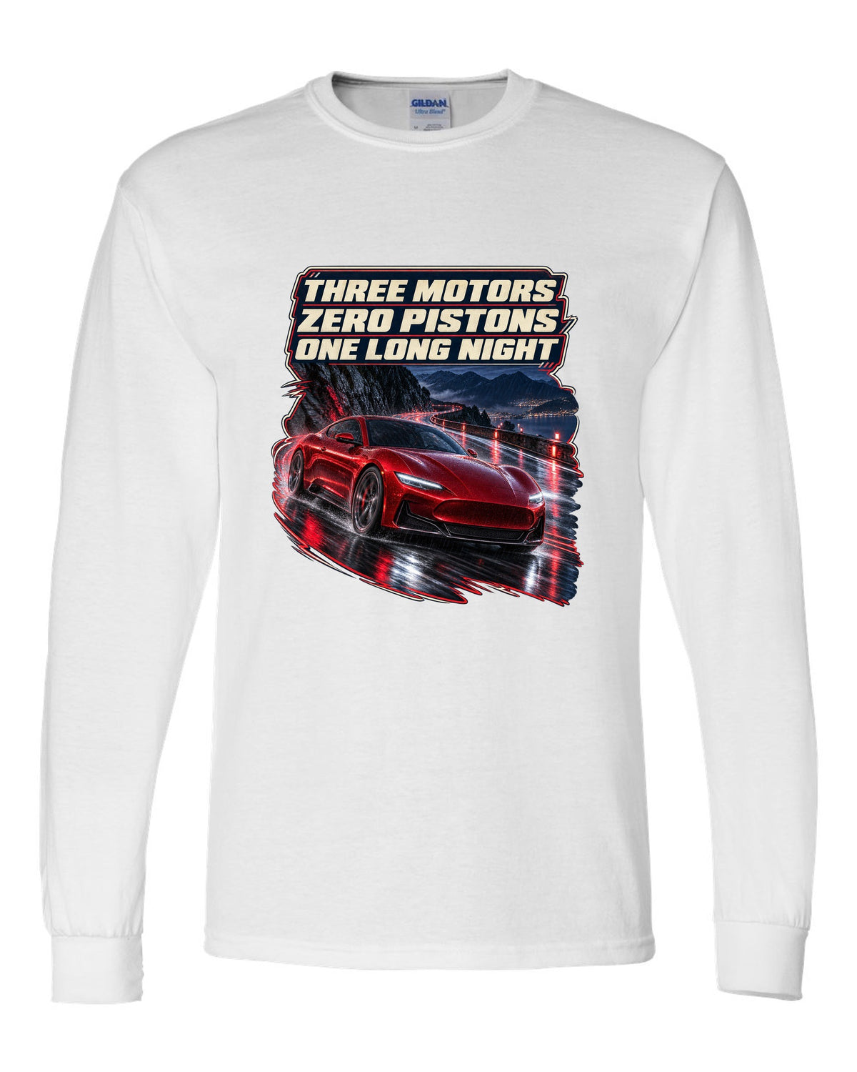 Maserati GranTurismo Folgore night street print white long sleeve front view with the design