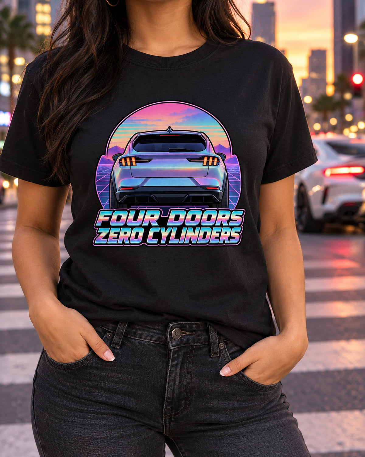 Ford Mustang Mach-E Vaporwave Tail Shirt, Four Doors Car Tee T-Shirt Black worn hero