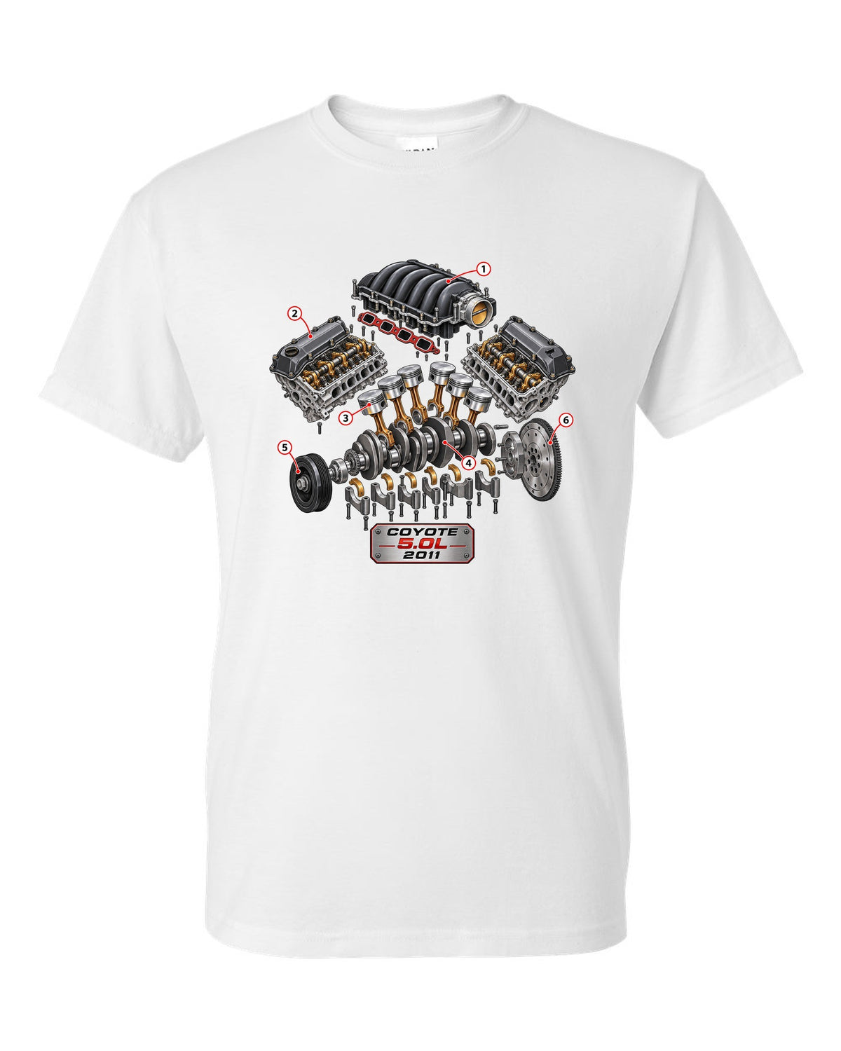 Isometric exploded cutaway of a Ford Coyote 5.0L engine for the S197 Mustang white t-shirt front view with the design