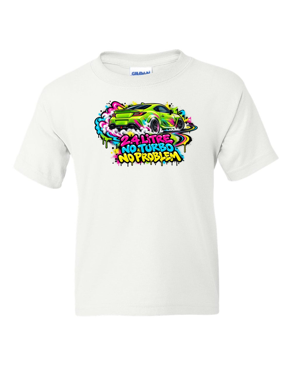 Subaru BRZ ZD8 sideways in front of a graffiti wall, 2.4 LITRE / NO TURBO / NO PROBLEM white kids tee front view with the design