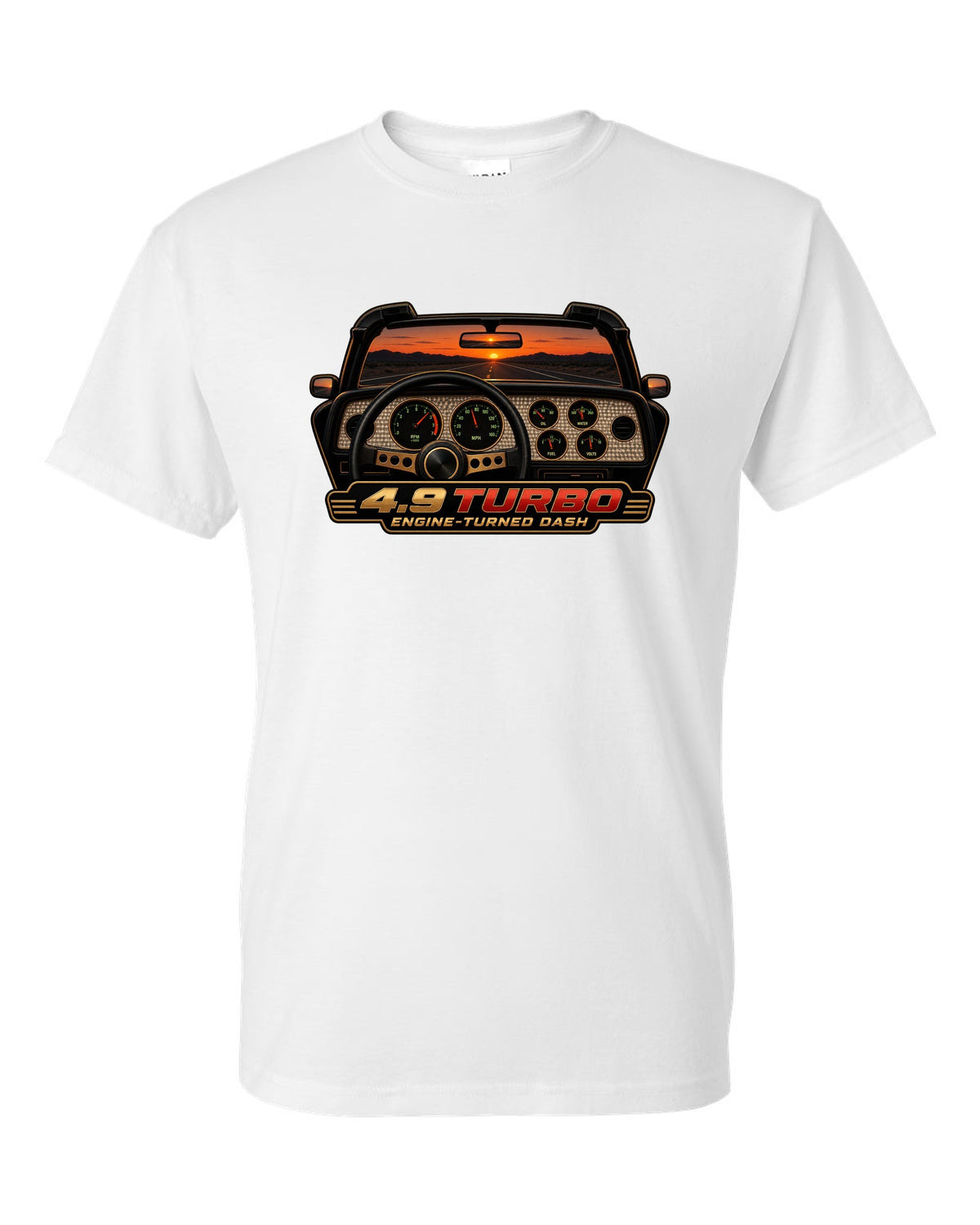 1981 Pontiac Firebird Trans Am gauge cluster HUD graphic with 4.9 Turbo text white t-shirt front view with the design