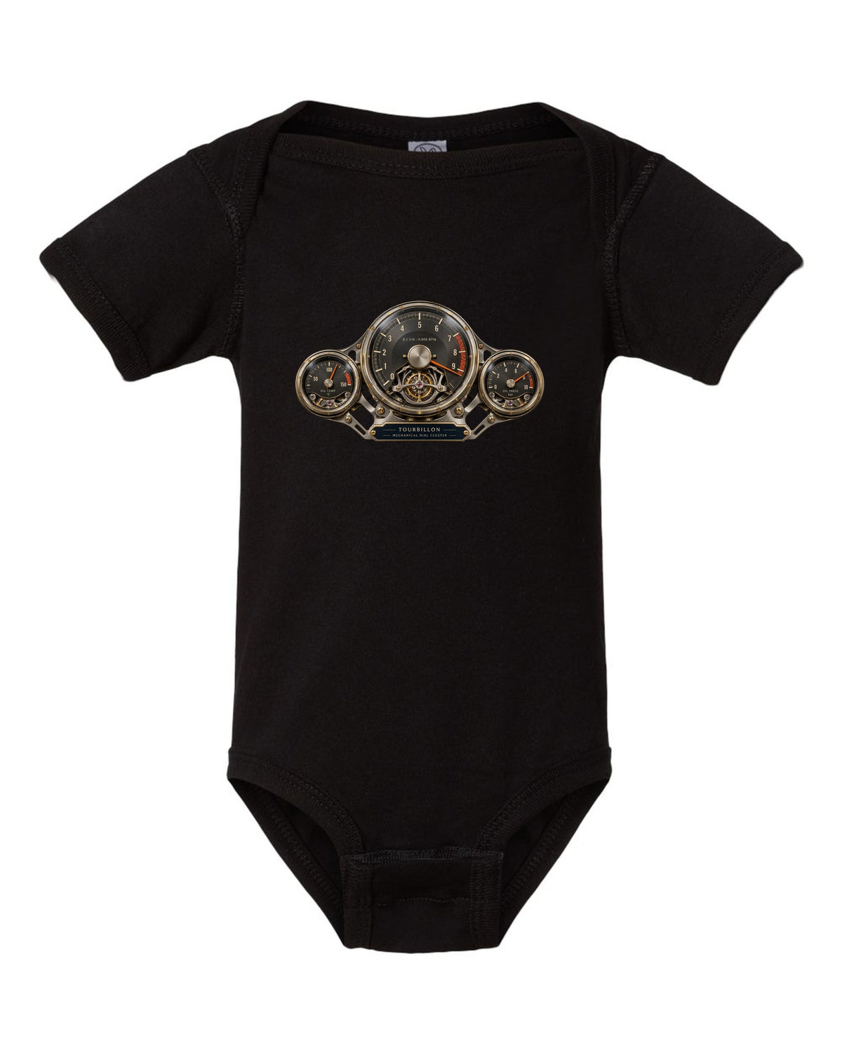 Cockpit and mechanical dial cluster of the Bugatti Tourbillon, print black baby onesie front view with the design