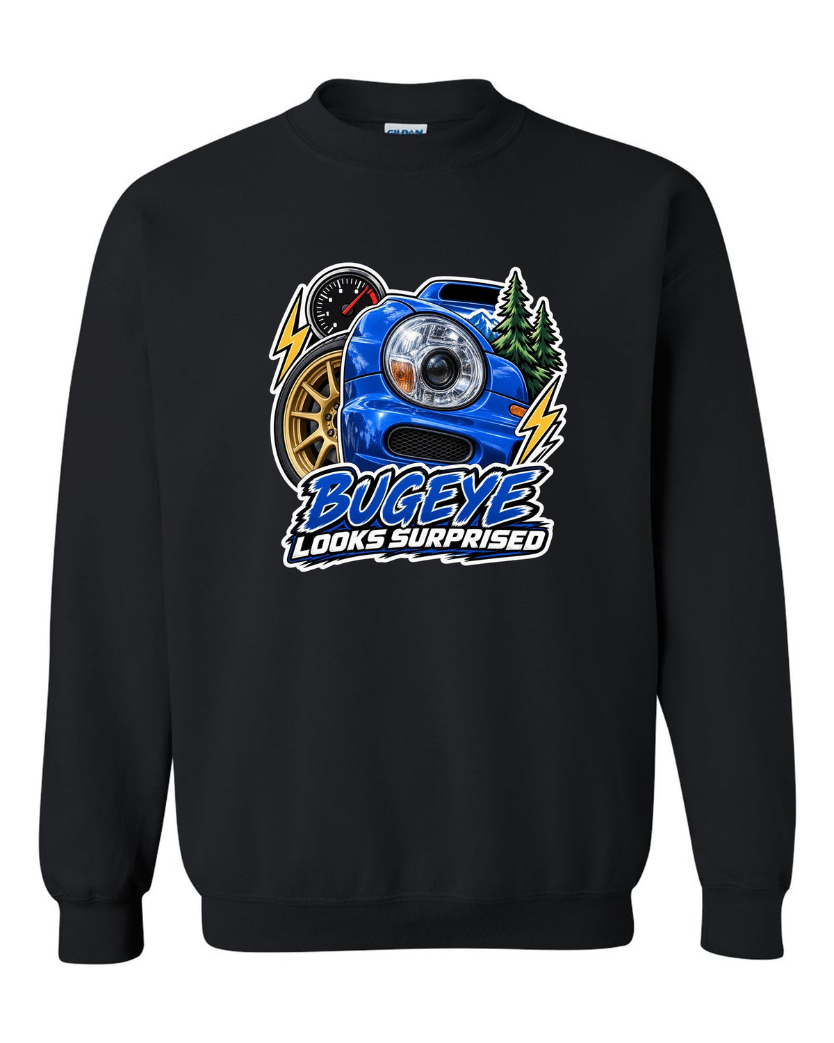 Sticker-bomb collage of a Subaru Impreza WRX GDB Bugeye black crewneck front view with the design
