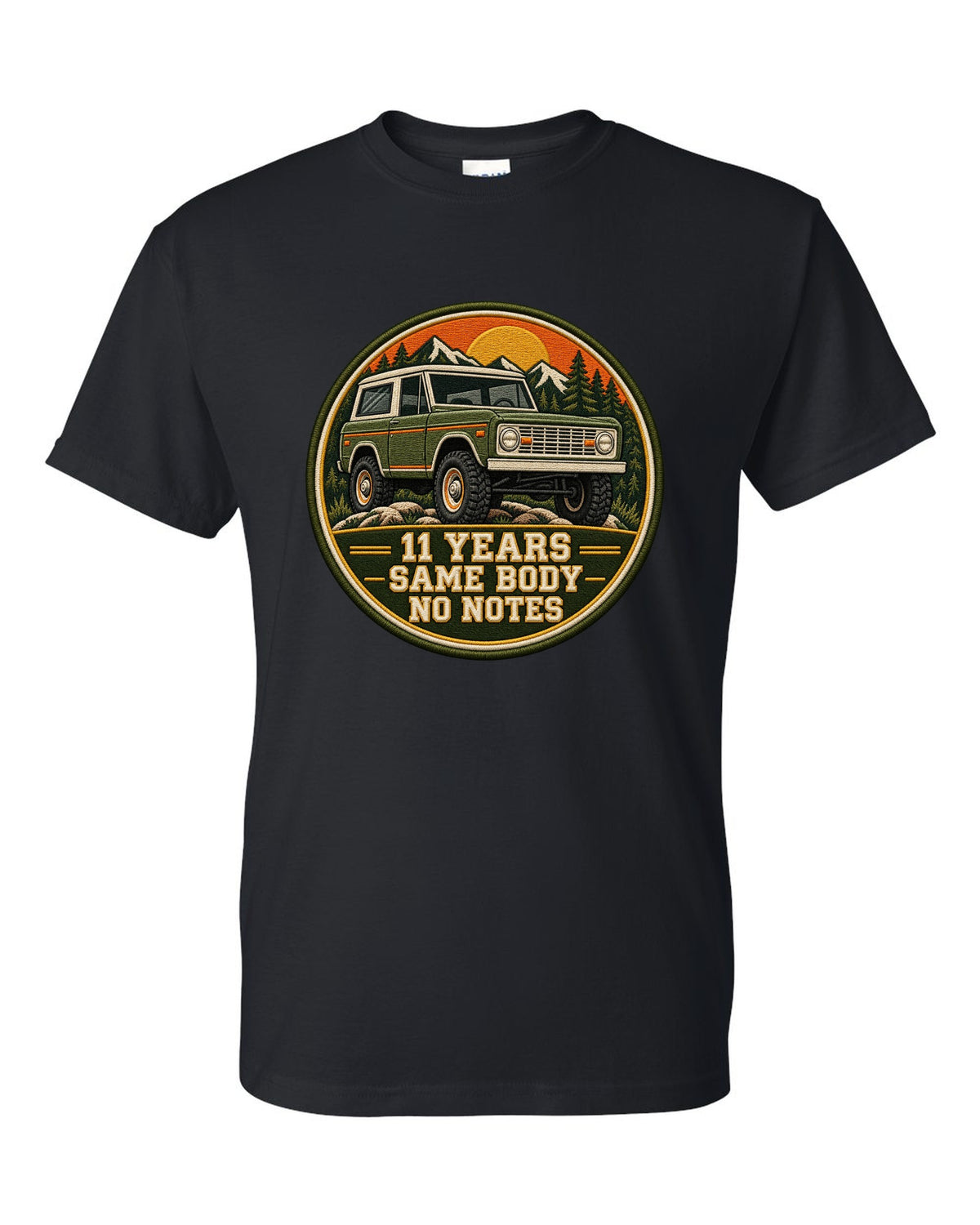 Varsity crest print for a 1966-77 Ford Bronco U15 wagon with 11 years same body text black t-shirt front view with the design