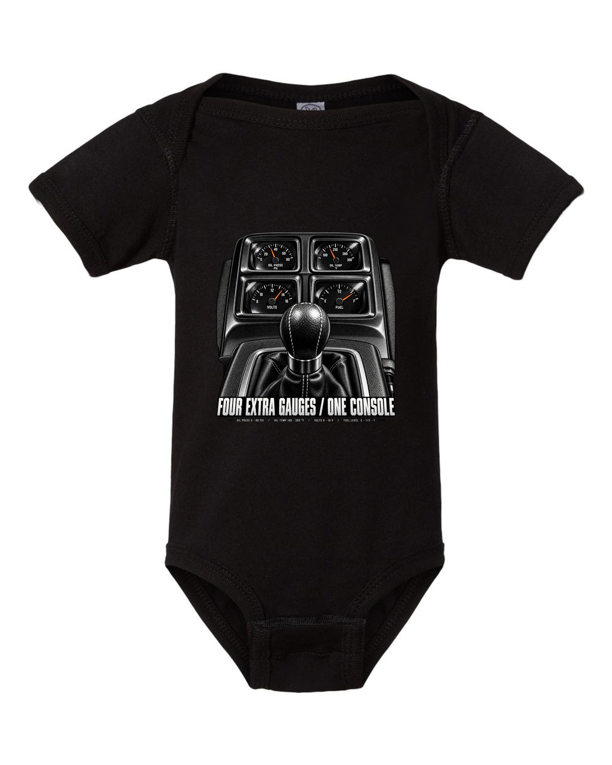 Cockpit print of a 2010 Chevrolet Camaro SS console gauge pod with four extra gauges text black baby onesie front view with the design