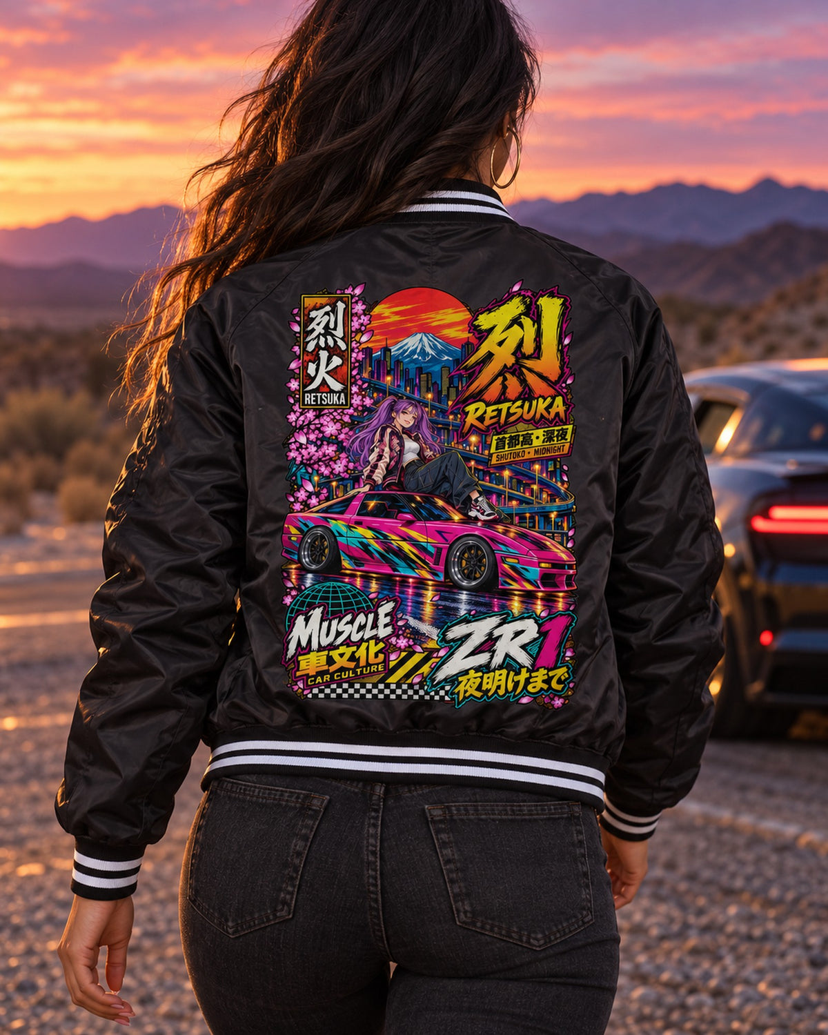 RETSUKA ZR1 Anime Girl Full-Back Graphic Tee Bomber Jacket Black worn hero