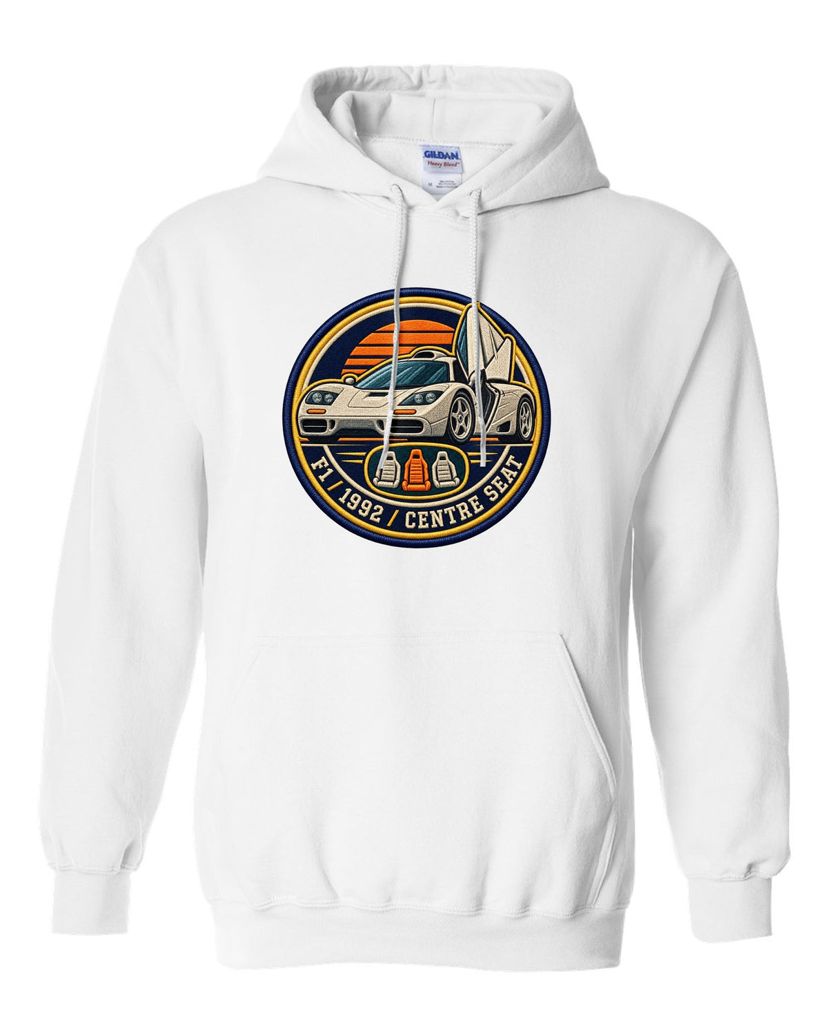 Embroidery varsity crest print for the McLaren F1 with F1, 1992 and Centre Seat lettering white pull over hoodie front view with the design