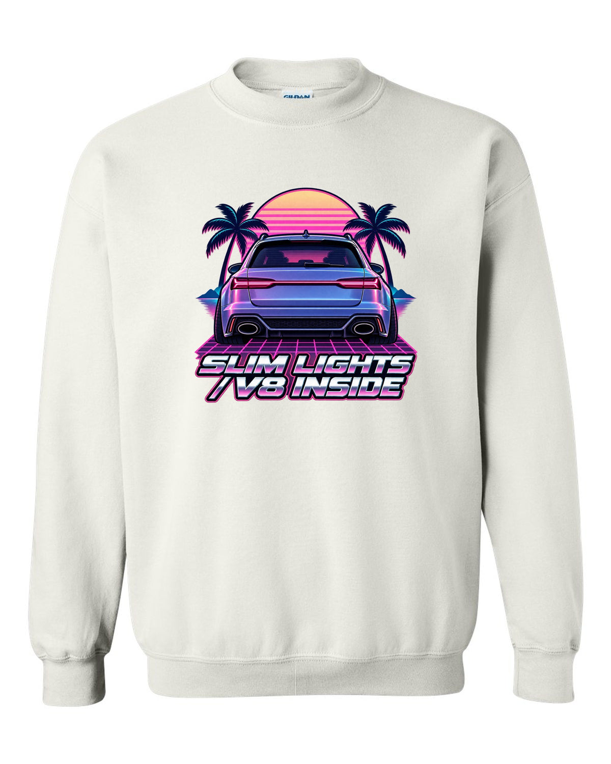 Pastel vaporwave design of the Audi RS6 Avant C7 4G with slim lights V8 inside lettering white crewneck front view with the design