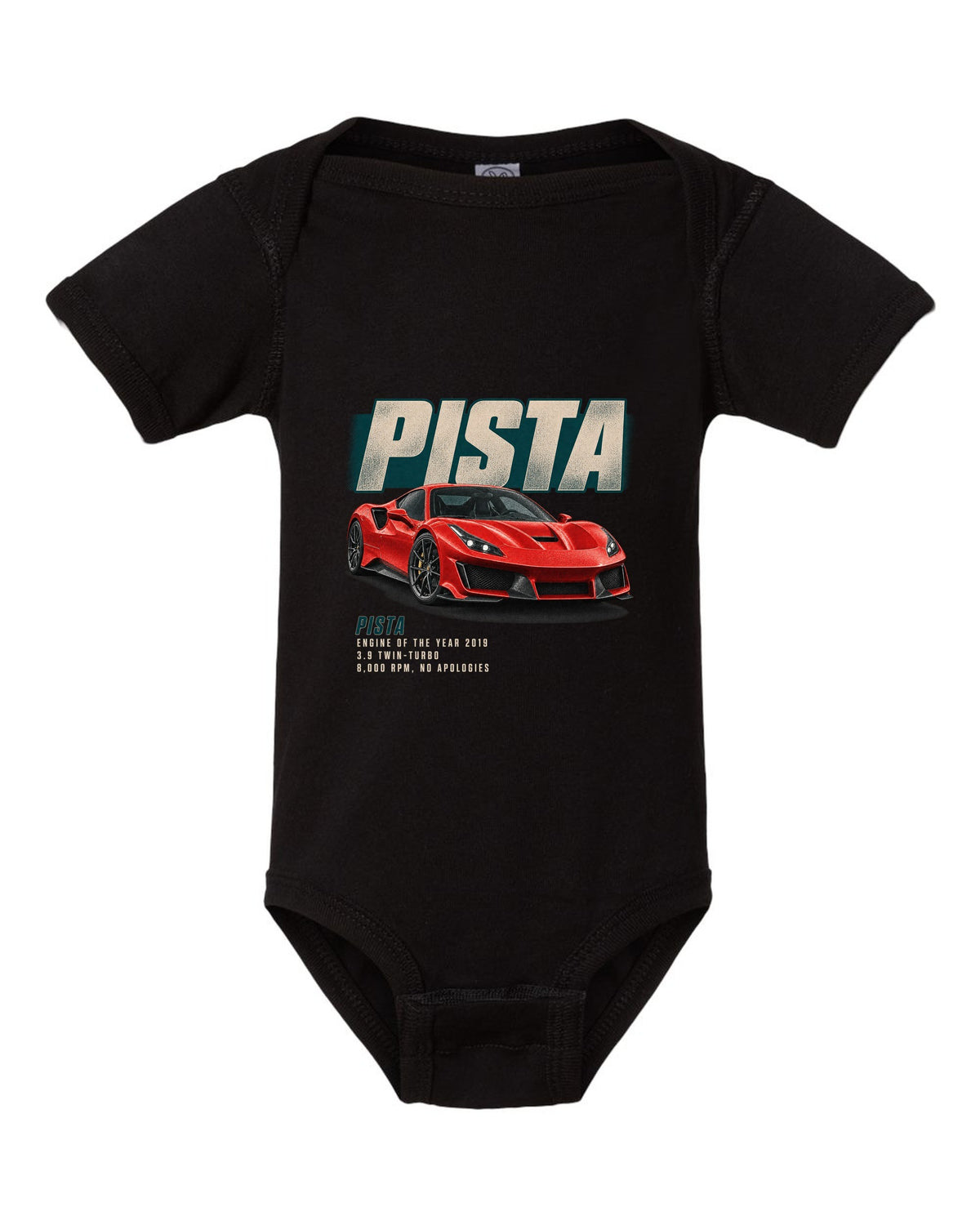 Editorial headline print of a red Ferrari 488 Pista in front three-quarter view black baby onesie front view with the design