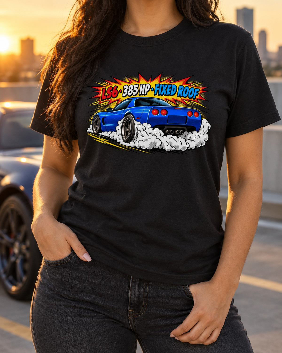 C5 Z06 Corvette Halftone Pop-Art Tee, LS6 385 HP Car Shirt T-Shirt Black worn hero