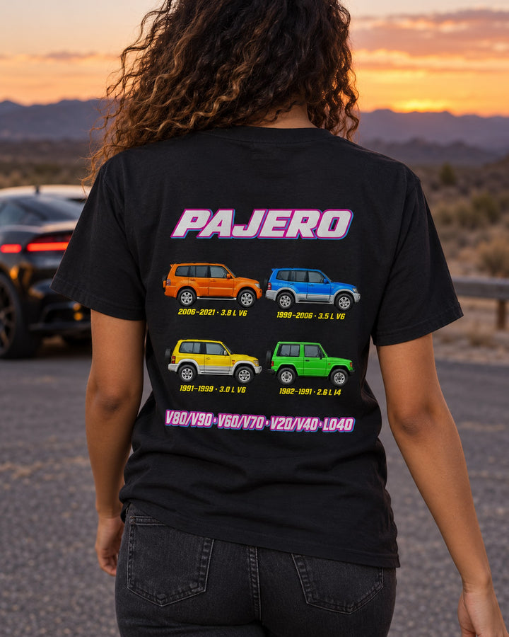 Mitsubishi Pajero Evolution Poster Full-Back Graphic Tee T-Shirt Black worn hero